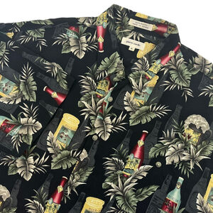 Vintage PIERRE CARDIN Tropical Hawaiian Shirt Palms & Beer Bottles on Black XL